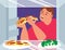 Hungry fat man eats pepperoni pizza slice  at night fridge view   vector