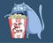 Hungry and funny popcorn cat at cinema preparing to dig into the food. Blue kitty having a snack character illustration. Salt and