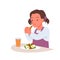 Hungry girl holding sandwich in hands to eat meal, kid eating salad on lunch or dinner