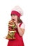 Hungry little girl cook eat sandwich