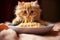 Hungry little kitten eats heartily of pasta from dish