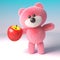 Hungry pink fluffy teddy bear eating a delicious healthy red apple, 3d illustration