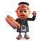 Hungry Scottish man in traditional kilt eating a delicious hotdog, 3d illustration