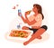 A hungry woman is eating pizza. A girl with a slice of pizza.