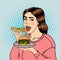 Hungry Woman Eating Unhealthy Food. Pop Art. Vector