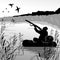 Hunter in boat shooting flying ducks. Hunter hiding in the bushes and reeds. Hunting for ducks. Forest Lake. Men\'s hobby.