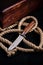 Hunter combat hand made knife and hemp rope. The blade has a beautiful damask pattern, beautiful handmade hunting knife