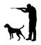 Hunter with dog aiming with his rifle  silhouette. Outdoor hunting scene. Pointer looking on prey. Man hunting.