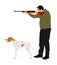 Hunter with dog aiming with his rifle vector illustration. Outdoor hunting scene. Pointer looking on prey. Man hunting isolated.