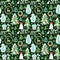 Hunter green craft Christmas seamless vintage wallpaper with paper cutting reindeer, house, snowman, hare, snowy firs and trees, X