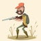 Hunter with gun and backpack. Funny cartoon character.
