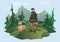 Hunter with gun and dog. Huntsman standing in the forest against a mountain landscape. Vector illustration, isolated on