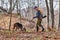 Hunter and hunting dog chasing in the forest