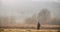 Hunter in hunting equipment with gun on his shoulder walks through the field foggy morning and forest on the horizon