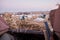 Hunter looking out of a hide at decoy waterfowl