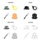 Hunter`s hat, signal horn, hunting rifle, backpack with things. Hunting set collection icons in cartoon black monochrome