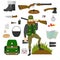 Hunter with set of amunition isolated. Gun, knife, axe, first aid kit, map, patrontage, bandolier, flask, pot, compass