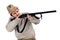 Hunter takes aim from a gun on the white background