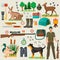 Hunter tourist man male tools and equipment stuff items set. Cartoon flat Hunting hunters icons collection.