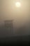 Hunters hide for hunting and wildlife observation. Hunting structure in the morning fog