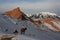 Hunters on horseback in winter in the mountains of Tien Shan