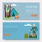 Hunters on hunt banners vector set. Cartoon illustrations of hunting. Hunter with shotgun, hunting leisure and adventure