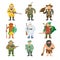 Hunters vector illustration cartoon style different gear huntsman characters aiming man ammunition weapon people.