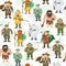 Hunters vector illustration cartoon style different gear huntsman characters aiming man people seamless pattern