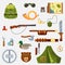 Hunting animal wild life leisure tackle and equipment icons set with rifle knive tent and survival kit isolated illustratio