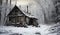 Hunting Cabin. Wood cabin in a winter forest landscape. Snowing Christmas.