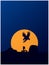 Hunting eagle and snake silhouette on blue background with sun