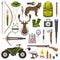 Hunting equipment kit rifle, knife, hat, suit, shotgun, boots, decoy, patronage, matches, a trap. Vector