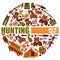 Hunting equipment round patterns vector illustration. Hunter accessories such as jeep car, rifle gun and carbine with