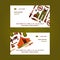 Hunting equipment set of business cards vector illustration. Hunter accessories such as camping tent or rifle gun and