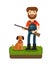 Hunting. Happy hunter standing with a gun in his hands. Cartoon vector illustration