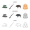 A hunting hat with a feather, a wild boar, a rifle, a backpack with things.Hunting set collection icons in cartoon