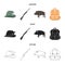 A hunting hat with a feather, a wild boar, a rifle, a backpack with things.Hunting set collection icons in cartoon,black