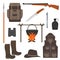 Hunting icon set, isolated. Hunting equipment in flat style, illustration. Hunting backpack, boots, knife, gun, flask, safe