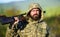 Hunting season. Guy hunting nature environment. Bearded hunter rifle nature background. Harvest animals typically