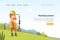 Hunting Season Landing Page Template, Funny Hunter Character Character Wearing Khaki Clothes and Hat Standing with Rifle