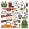 Hunting weapons and symbols design elements flat style hunter forest wild animals vector illustration.