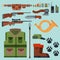 Hunting weapons and symbols design elements flat style hunter forest wild animals vector illustration.