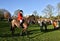 Huntsmen parade around for the public to see on Boxing Day before their scent hunting day begins, Staffordshire, UK