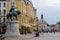 Hunyadi Statue, City assembly building and Saint Sebastian`s catholic Church on Szechenyi square in Pecs Hungary Europe