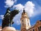 Hunyadi statue and Clock Tower, PÃ©cs, Hungary