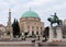 Hunyadi Statue, Holy Trinity Statue and Mosque of Pasha Qasim on Szechenyi square in city of Pecs Hungary Europe