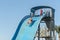 Hurghada, Egypt. November 19 2018 The guy with the girl down the water slide. The girl is afraid to go down the hill. Couple at