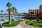 HURGHADA, EGYPT - OCTOBER 14, 2013:Tropical luxury resort hotel on Red Sea beach. Hurghada, Egypt.