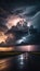 Hurricane clouds and lightning against the horizon