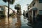 Hurricane flooded houses in a residential area, natural disaster and its consequences